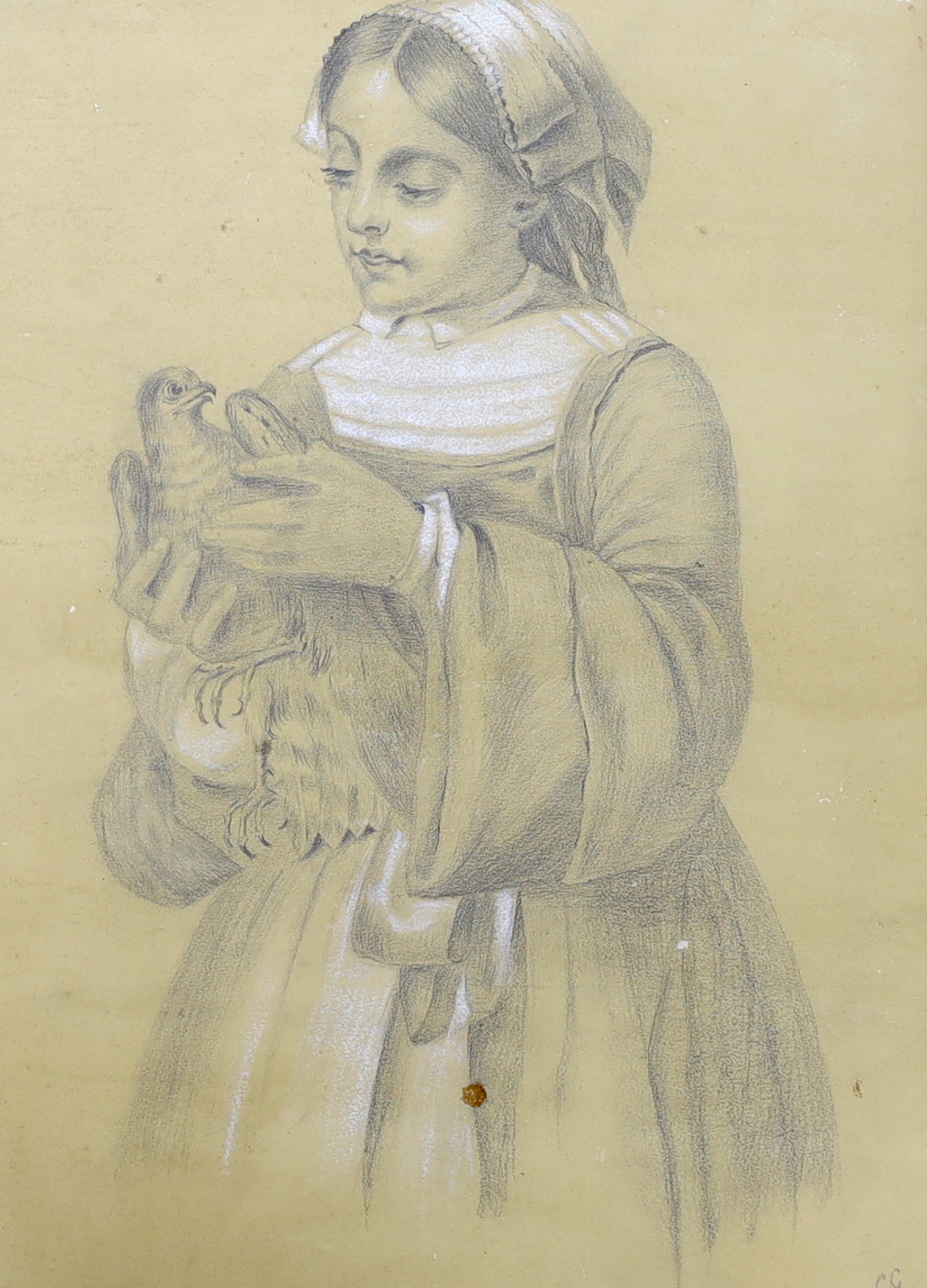 20th century School, heightened charcoal, Young girl holding a dove, monogrammed G G and dated 1935, 44 x 33cm